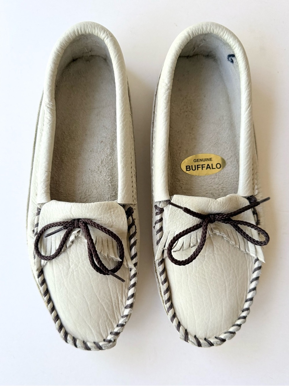 Vintage Handcrafted Itasca Buffalo Leather Double Sole Moccasins Cream 6 M 8 W